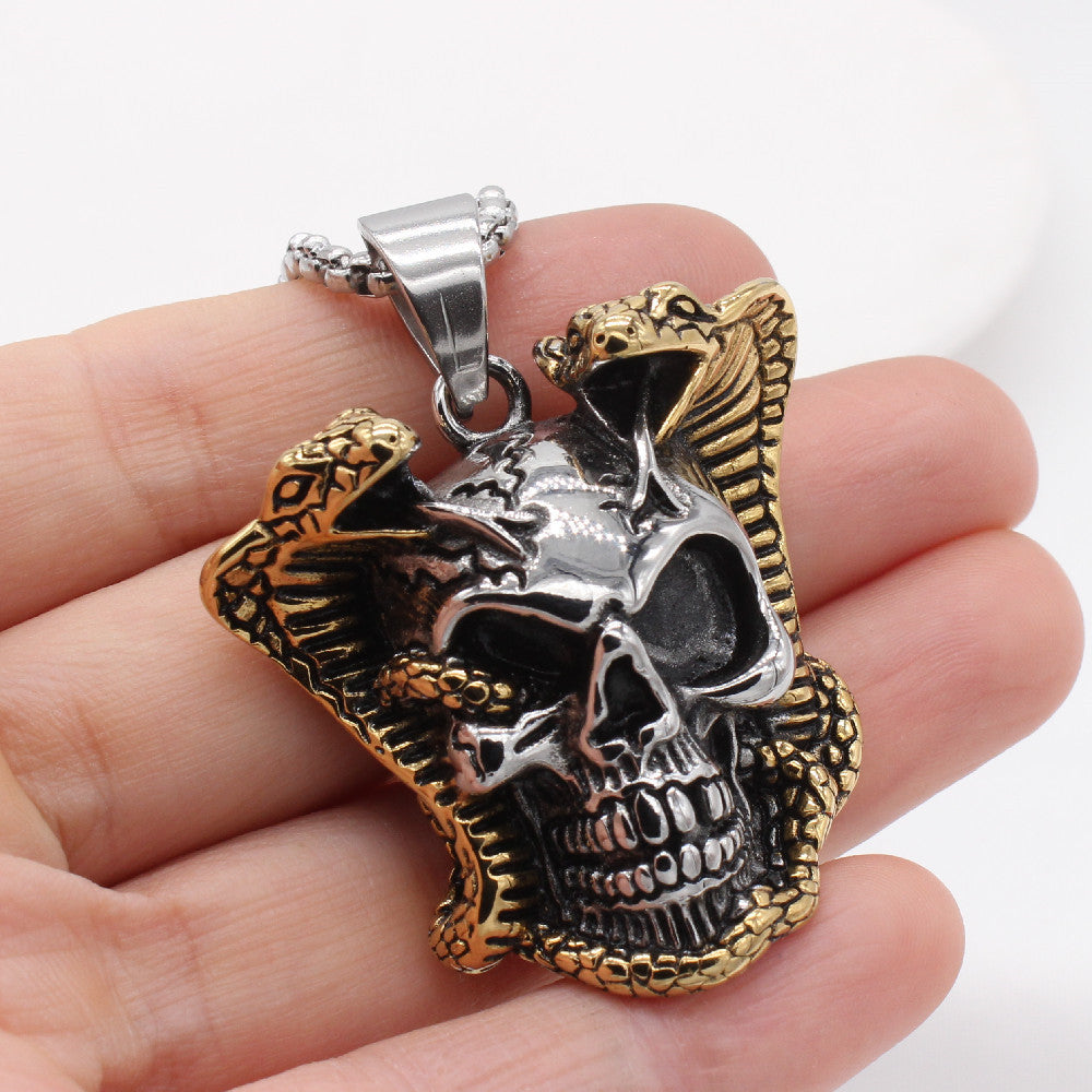 Personalized Retro Snake King Skull Pendant in Titanium Steel for Men - European and American Wholesale Jewelry