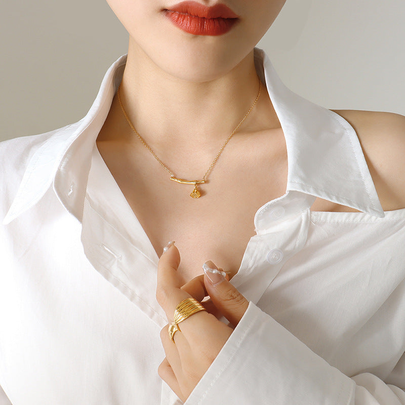 Bamboo Lotus Pendant Necklace with Titanium Steel Plating and 18K Gold Finish