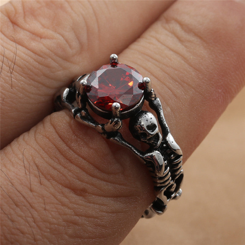 Titanium Steel Skull Ring for Men with Hollow Red Stone - Retro Trendy Accessory