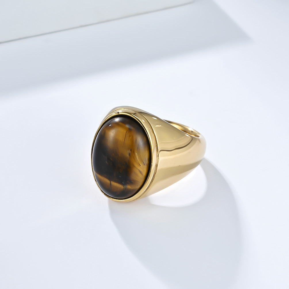 Planderful Men's Tiger's Eye Ring With Smooth Egg Shaped Stone Titanium Steel Jewelry For Everyday Style