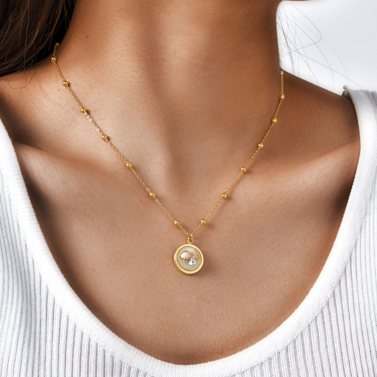 Summer Seaside Leisure Vacation Wind Ocean Wind Stainless Steel Bead Chain Resin Round Necklace