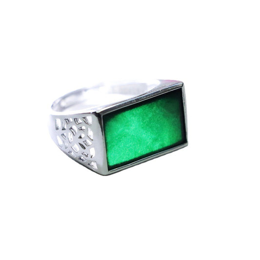 Sterling Silver Adjustable Natural Black-Green Jade Saddle Ring