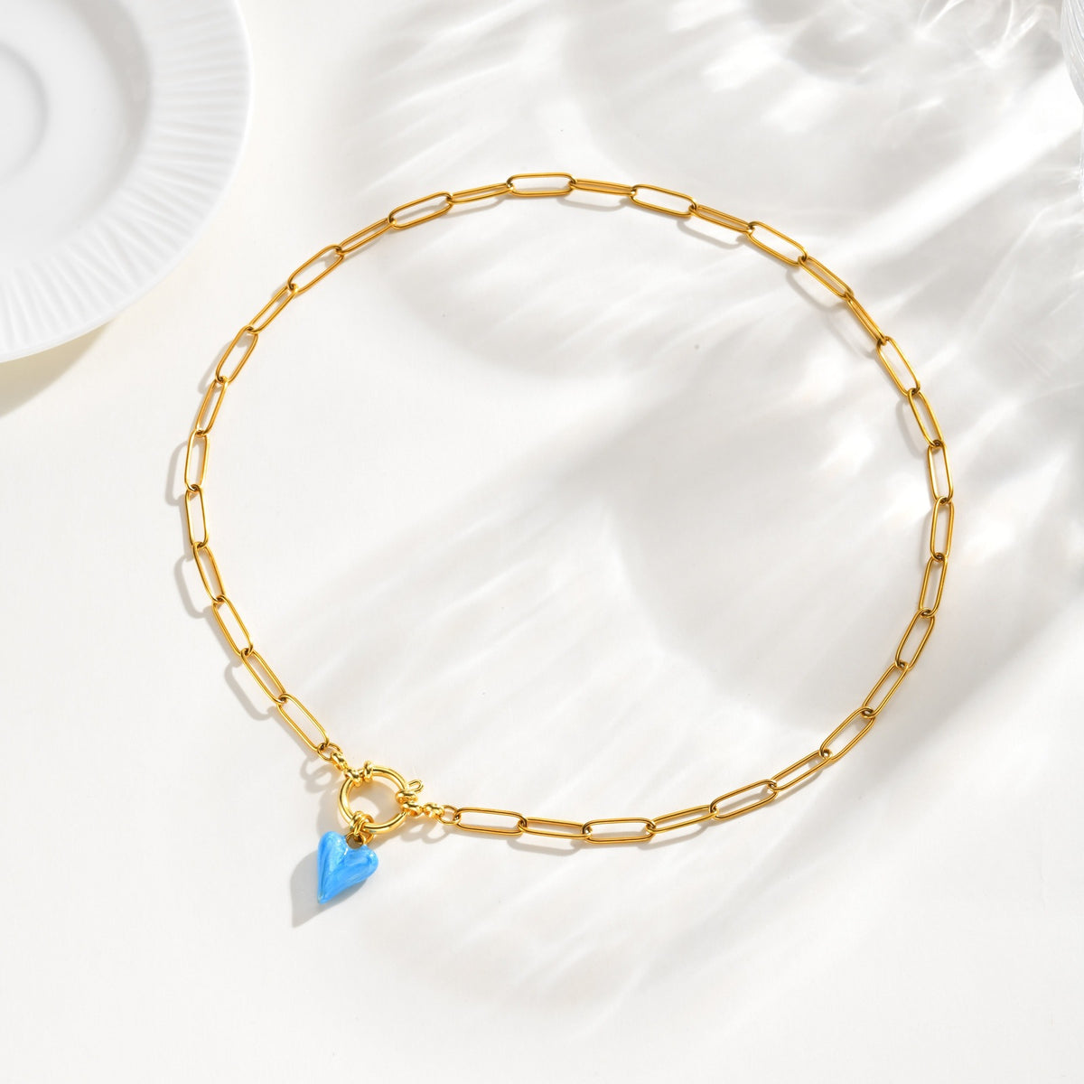 Stainless Steel Blue Heart-Shaped Small Square Chain Bubble Buckle Commuter Holiday Wear Necklace
