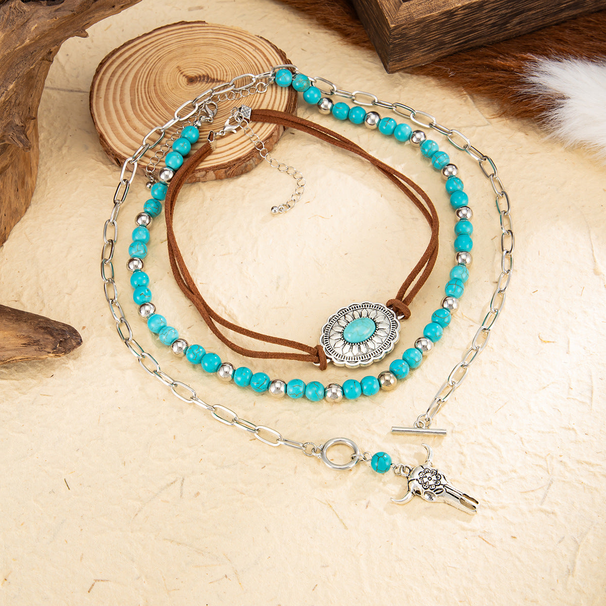 Retro Imitation Turquoise Stacked Western Denim National Cactus Cow Head Pendant Neck Necklace