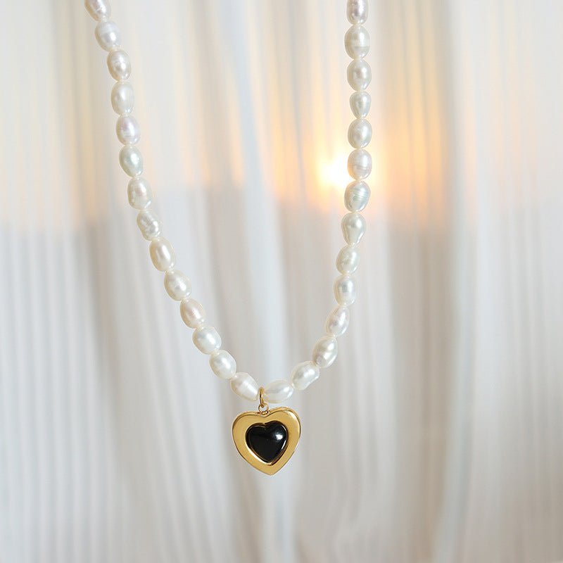 Baroque Pearl and Glass Stone Necklace with Peach Heart Detail
