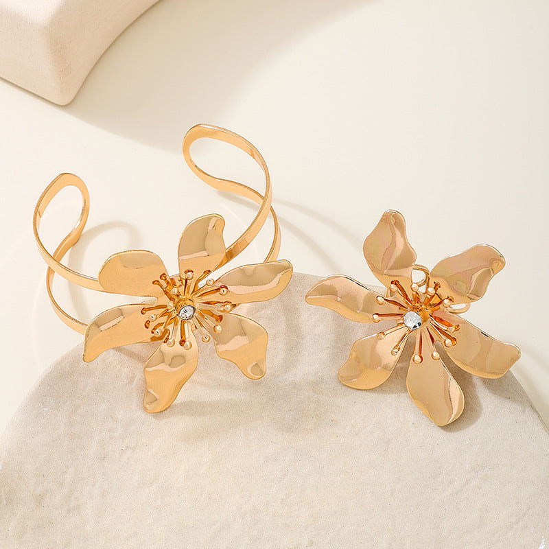 Trendy Metal Diamond Flower Leaf Jewelry Set for Women