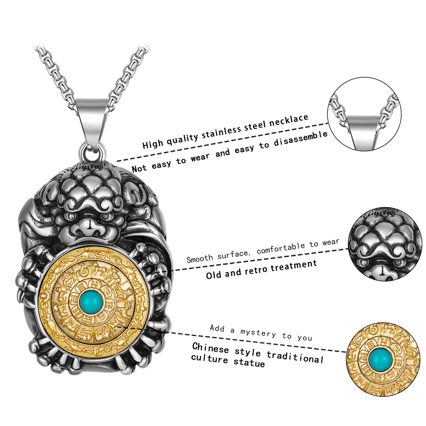 Stainless Steel Necklace – Statement Twelve Zodiac Hexagram Pixiu Tag Rotatable Pendant For Men