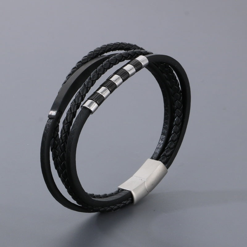 Stainless Steel Black Gold Beaded Leather Cord Bracelet – Multi-Layer Woven Magnetic