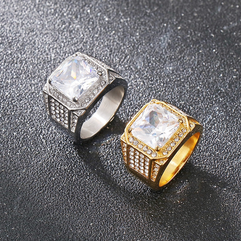 Planderful Luxury Zircon Ring for Men Gold Plated Titanium