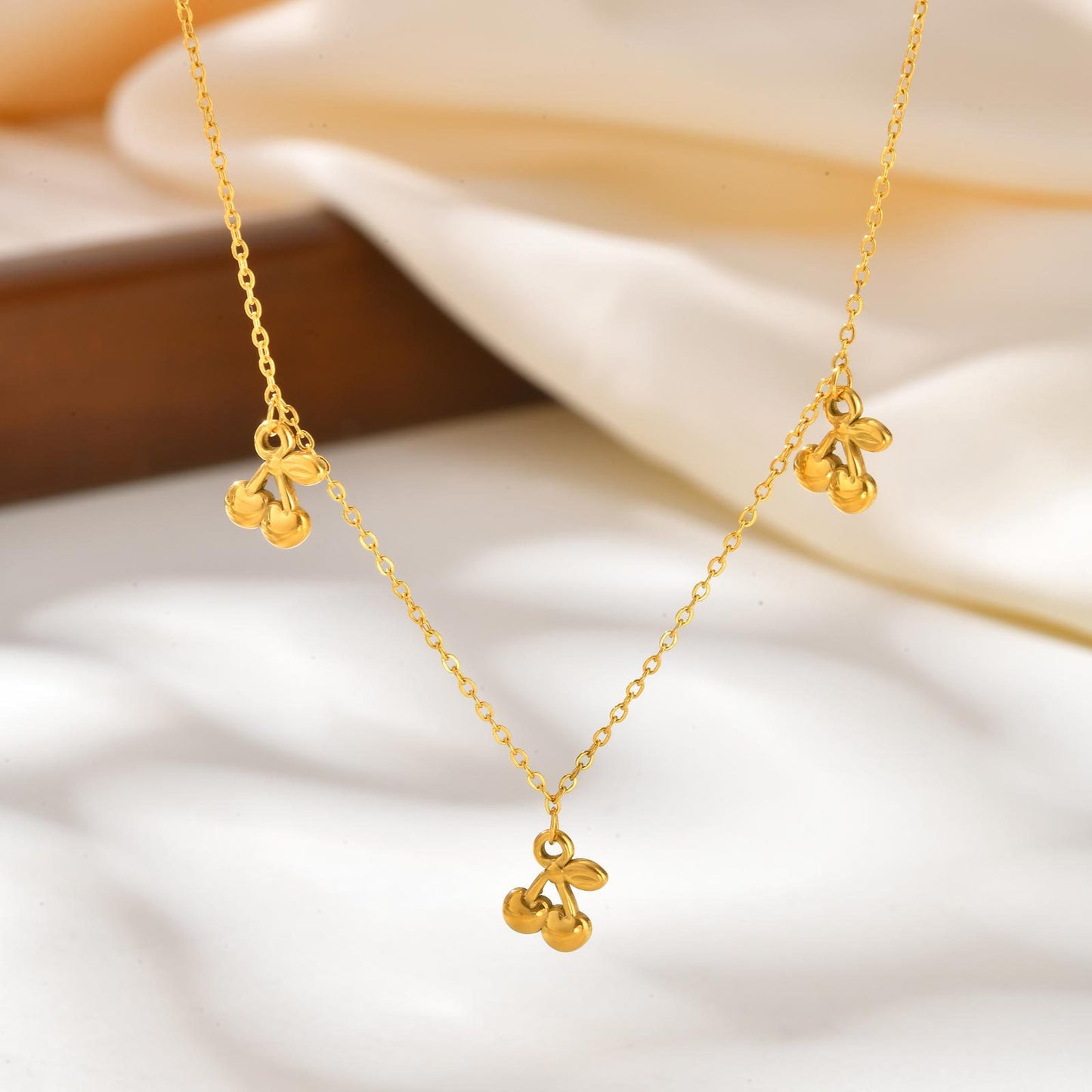 Girls Sweet & Delicate Clavicle Chain Stainless Steel Flat Cross Chain 3 Cherry Necklace