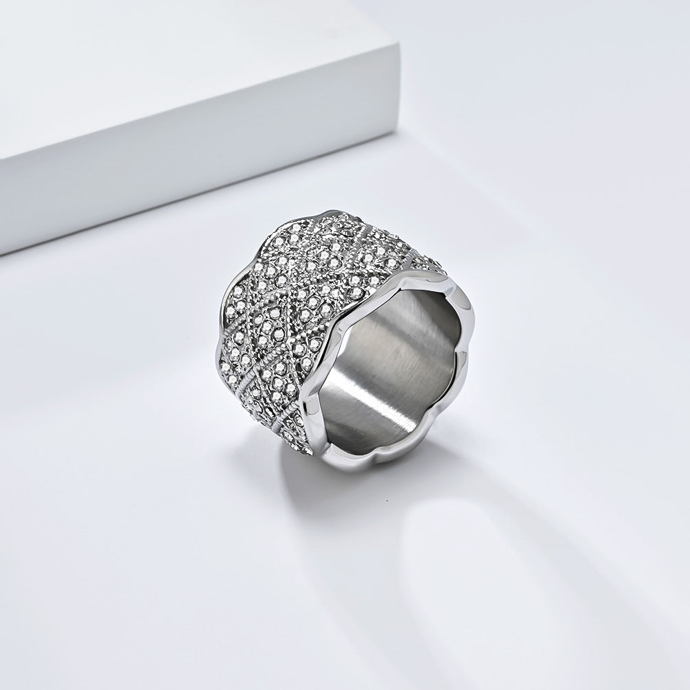 Planderful Unisex Zircon Ring Mesh Stainless Steel Gold Plated Light Luxury Fashion