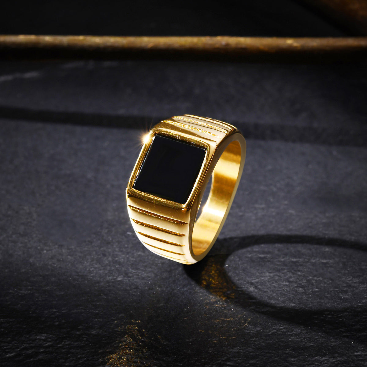 Unisex Neutral Stainless Steel Square Black Agate Gold Ring
