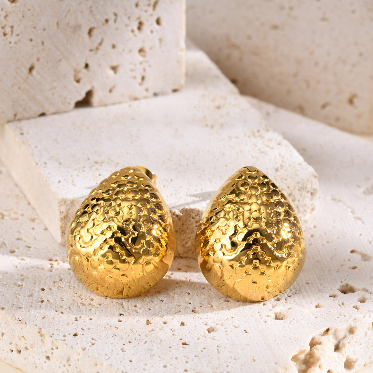 Hammered Teardrop Stud Earrings — Gold