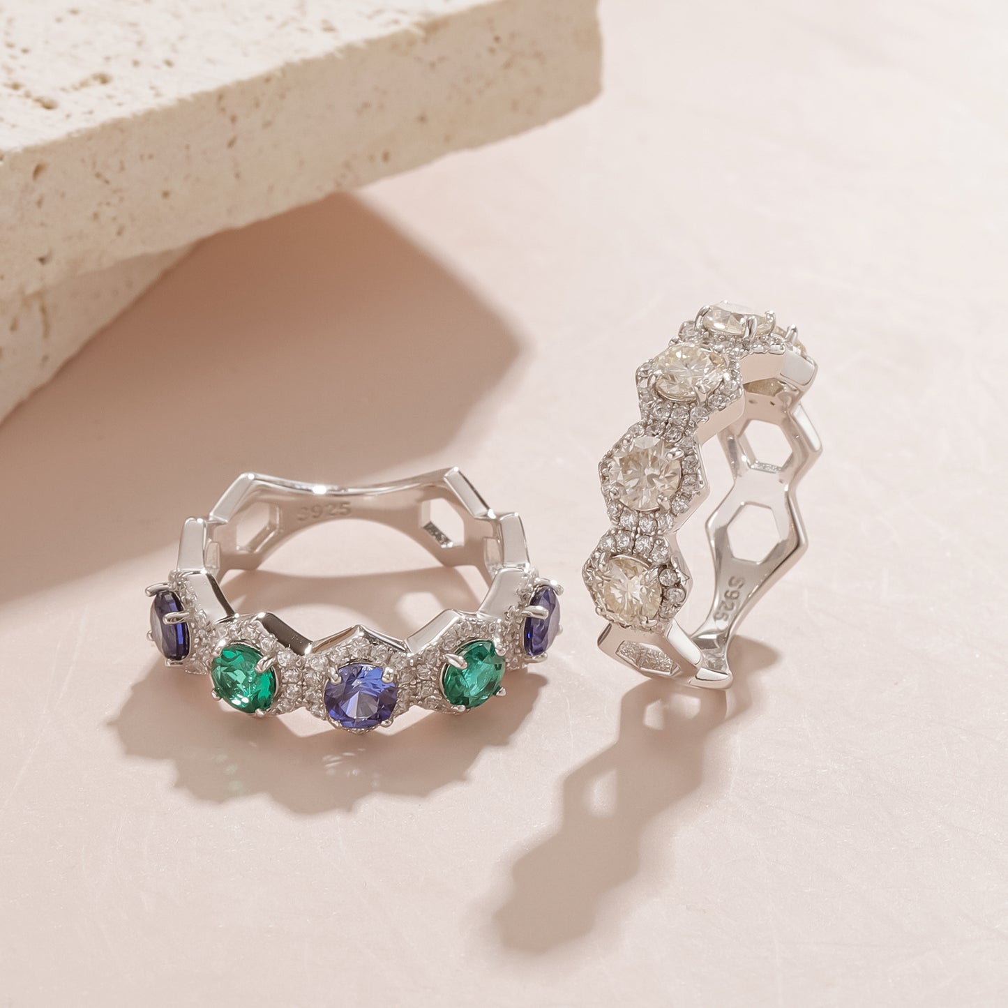 Rhombus Ring Moissanite S925 Sterling Silver Lab Grown Emerald Sapphire Personality