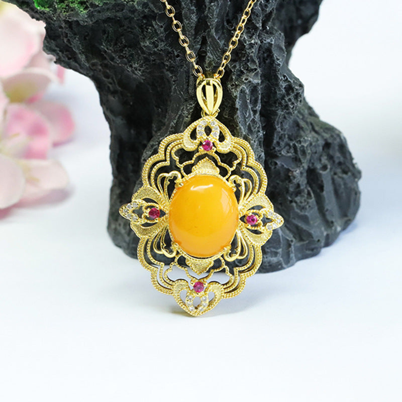 Floral Sterling Silver Necklace with Honey Amber Pendant