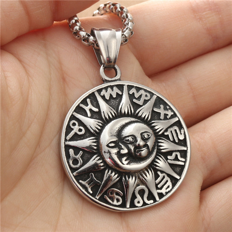 Titanium Steel Sun and Moon God Pendant Necklace for Men - Retro Punk Style by Planderful