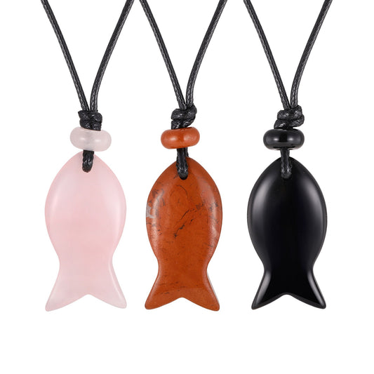 Bohemian Ocean Wind Natural Obsidian Fish Shape Adjustable Necklace Pendant