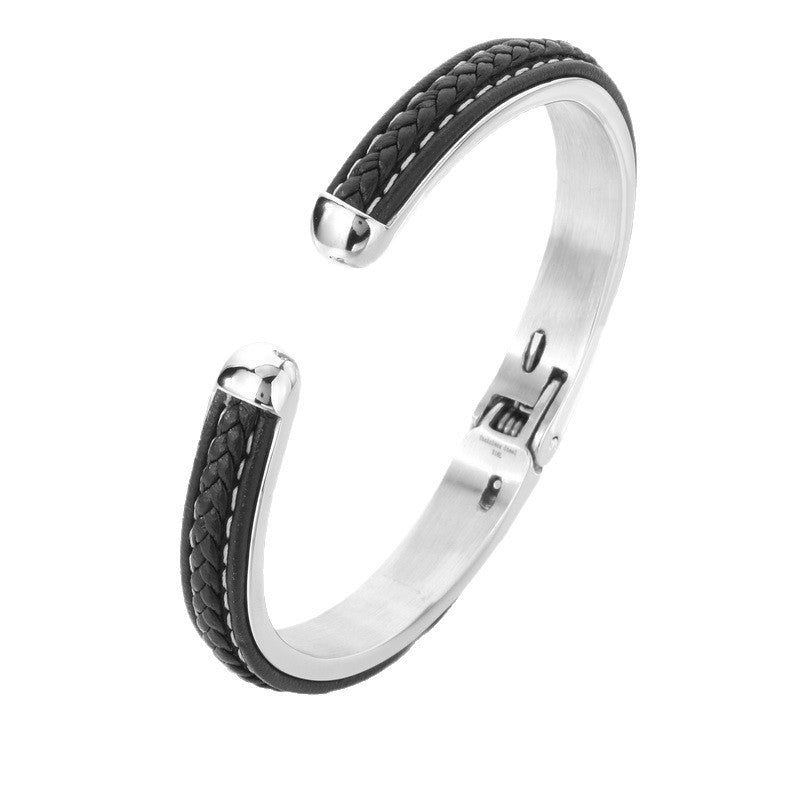 Design Atmospheric Braided Leather Stainless Steel C-Open Bracelet Men's