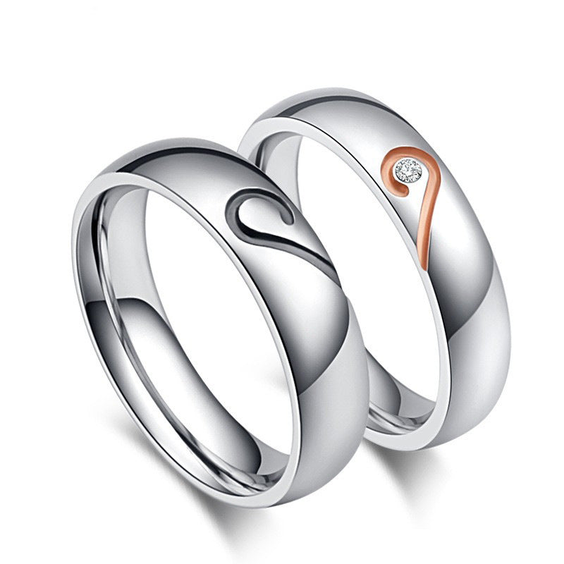 Stainless Steel Heart-Shaped Couple Ring – Zircon Rose Gold – Valentine's