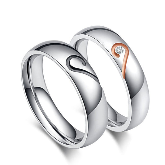 Stainless Steel Heart-Shaped Couple Ring – Zircon Rose Gold – Valentine's