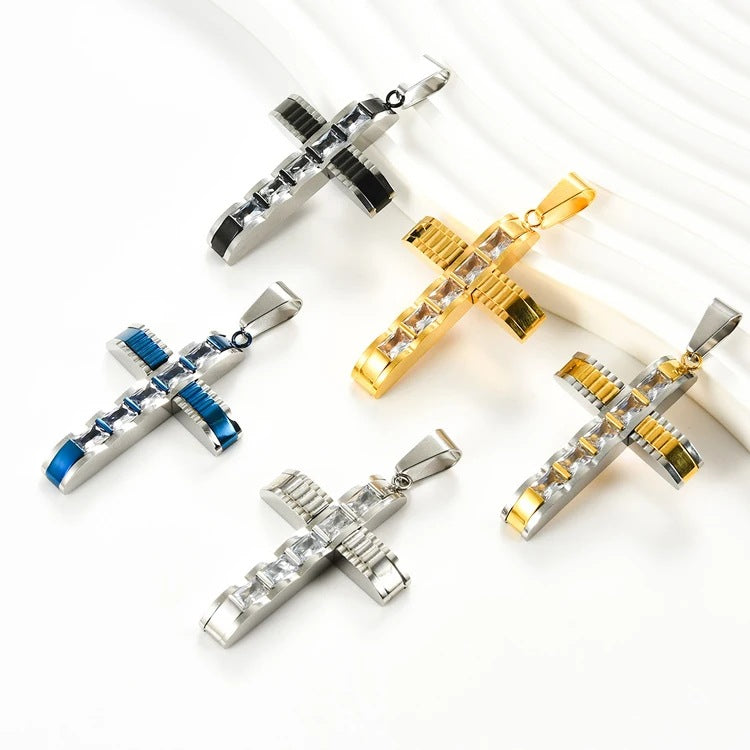 1. Planderful Everyday Genie Mens Cross Pendant Necklace In Stainless Steel With Zircon Inlay