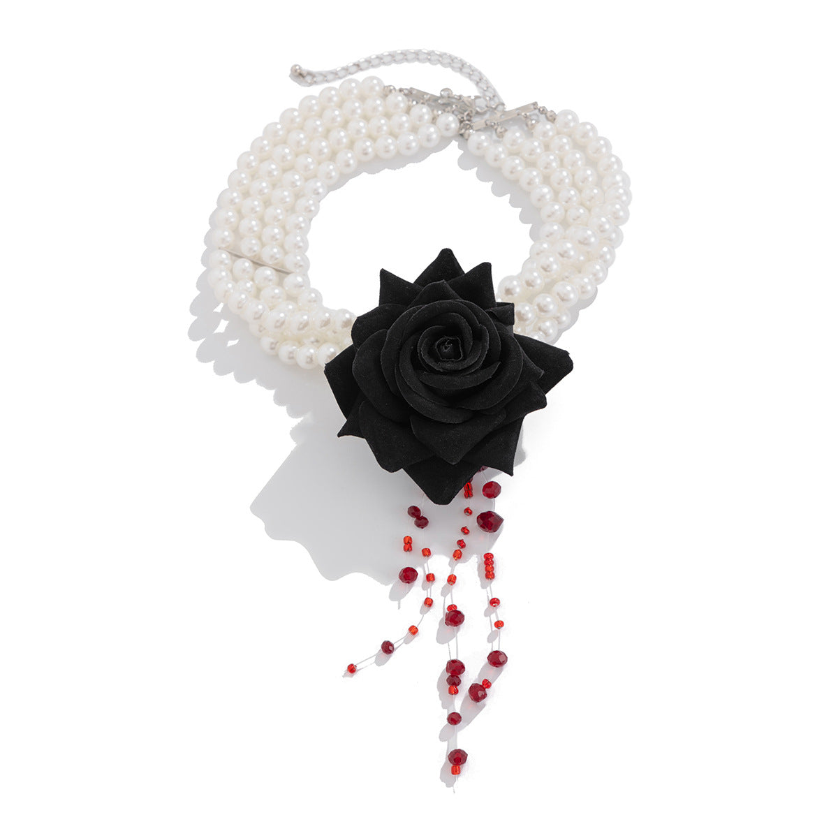 Gothic Pearl Rose Fringe Necklace