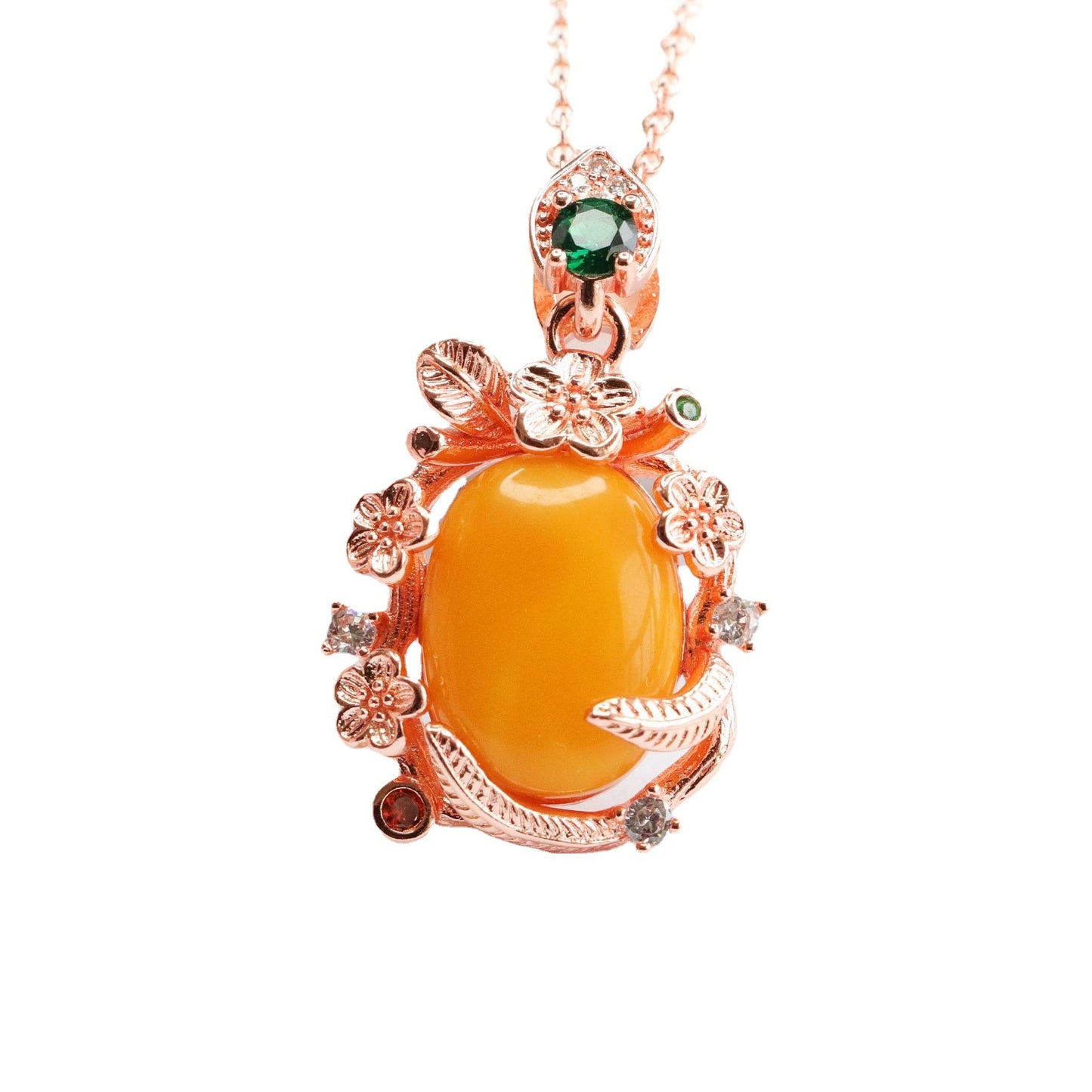 Amber Beeswax Pendant with Zircon Garland Necklace - Sterling Silver Necklace