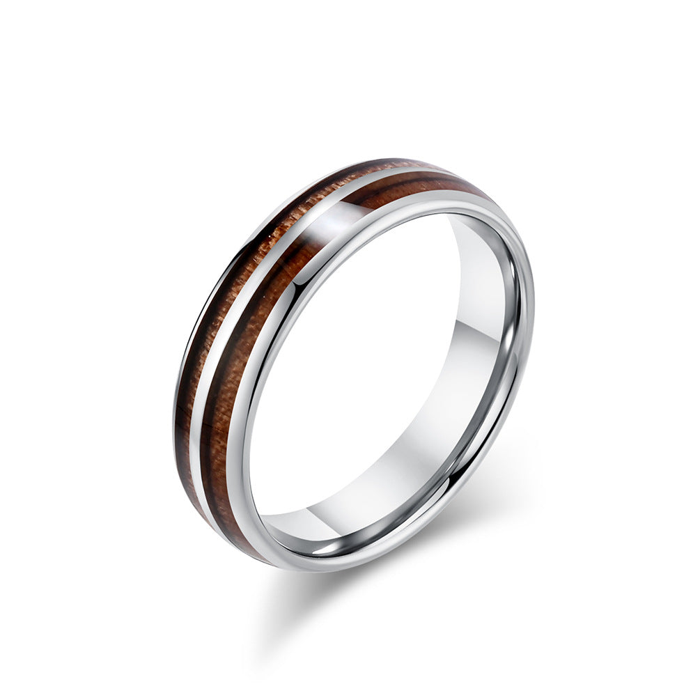 Planderful Tungsten Steel Ring With Parquet Wood Inlay Double Groove Unisex Couple Ring