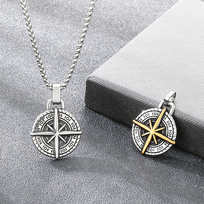 Compass Round, Punk Style Retro Coin Compass Stainless Steel Men's Pendant Necklace