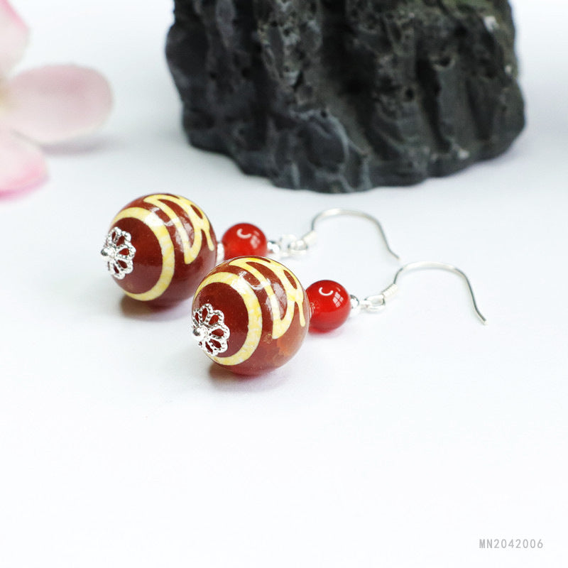 Wealth Motif Dzi Bead 925 Silver Hook Earrings