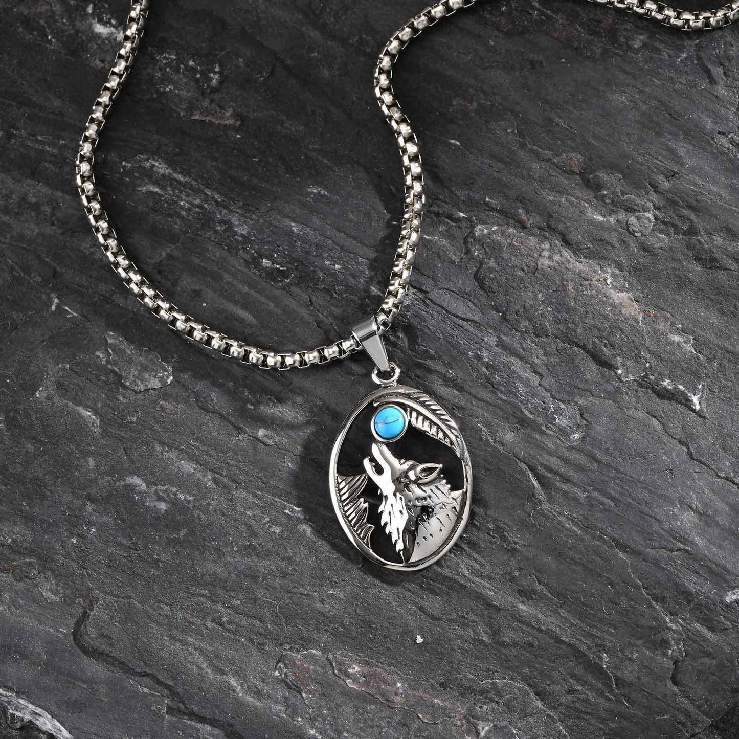 Planderful Wolf Head Turquoise Pendant for Men Hip Hop Style