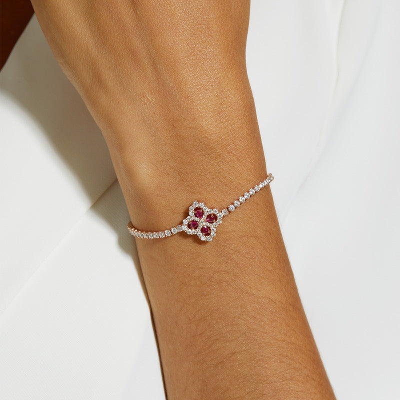 S925 Sterling Silver Lab-Grown Ruby & Zircon Four-Leaf Clover Bracelet