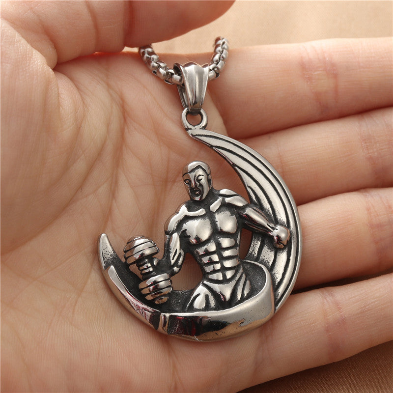 Titanium Steel Weightlifting Dumbbell Necklace - Retro Punk Stainless Steel Pendant for Men's Fitness Fashion