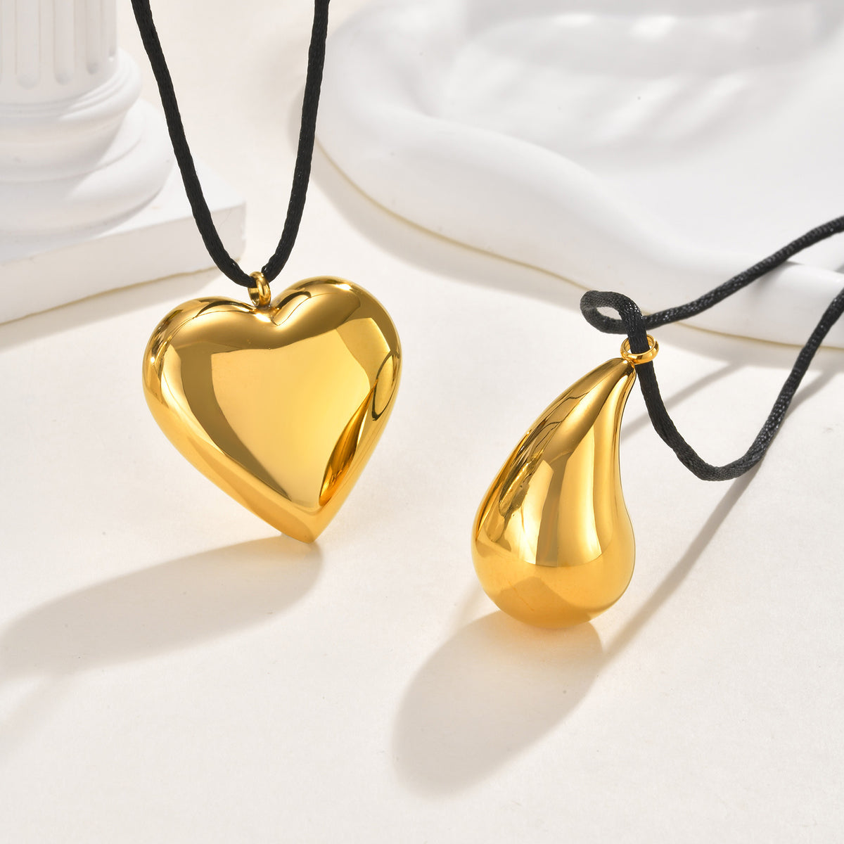 Stainless Steel Hollow Water Drop Heart Pendant Braided Rope Adjustable Necklace