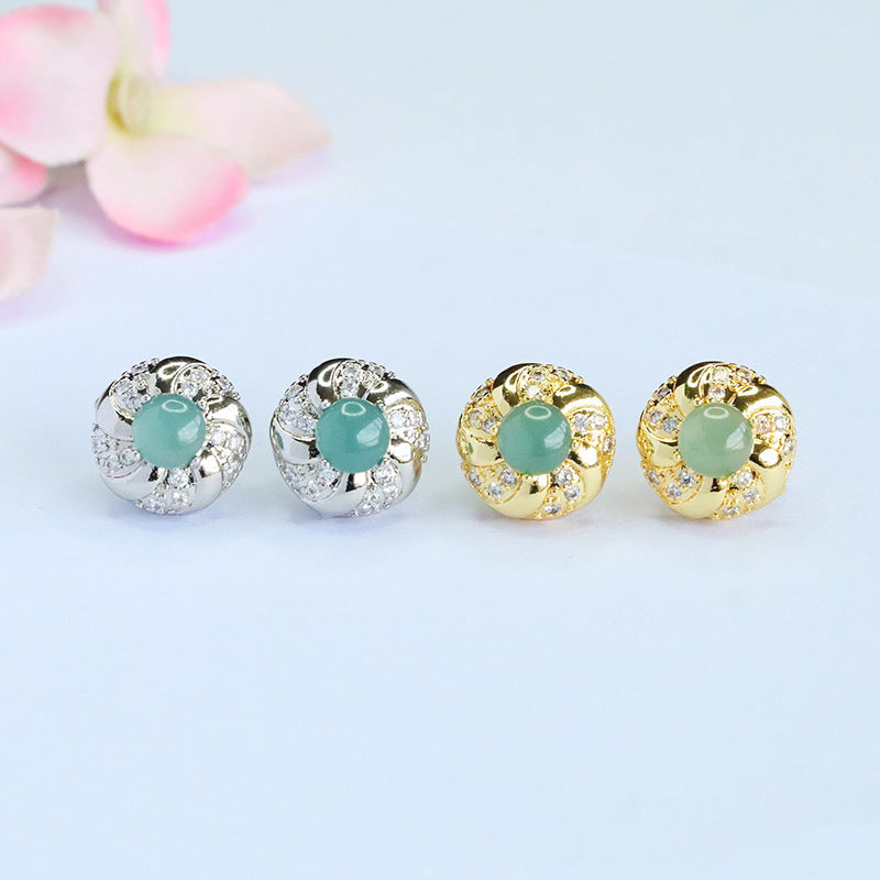 Blue-Water Jadeite Bead Halo Stud Earrings
