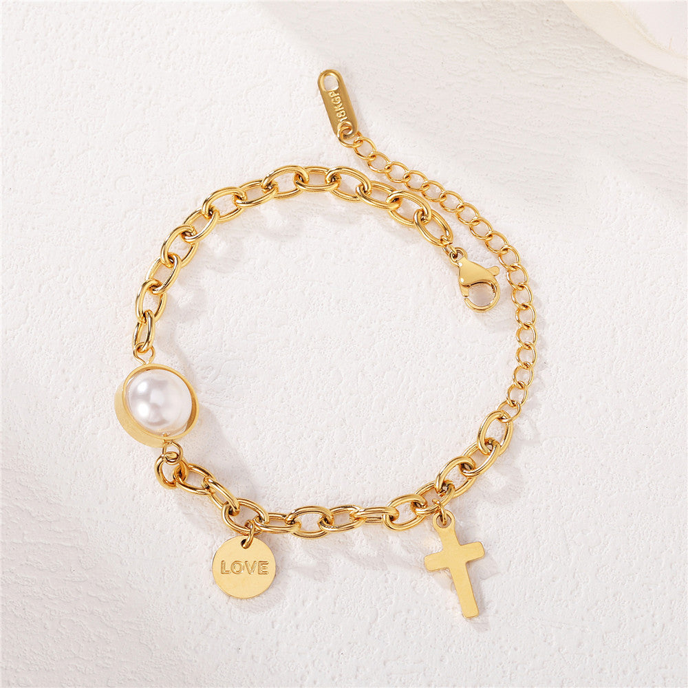 Planderful Pearl Cross Bracelet For Women Titanium Steel Durable Elegant Everyday Statement Accessory