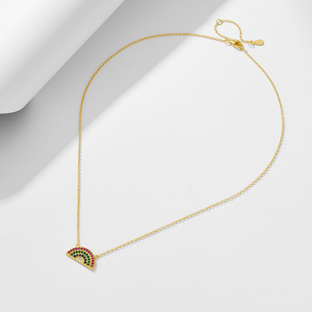 S925 Sterling Silver Geometric Semicircle Rainbow Zircon Necklace Pendant Clavicle Chain Women