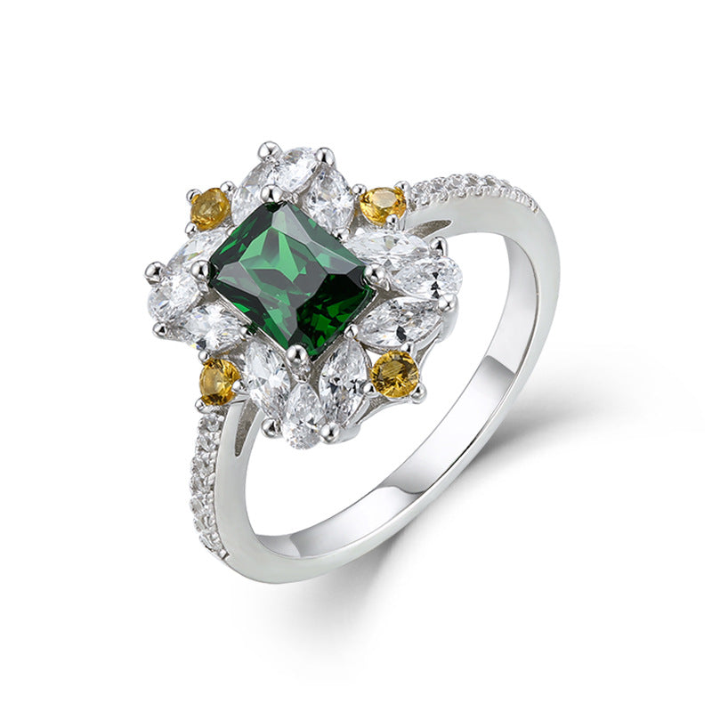 Silver Jewelry Green Zirconium Rectangle 7x5 Gemstone Ring