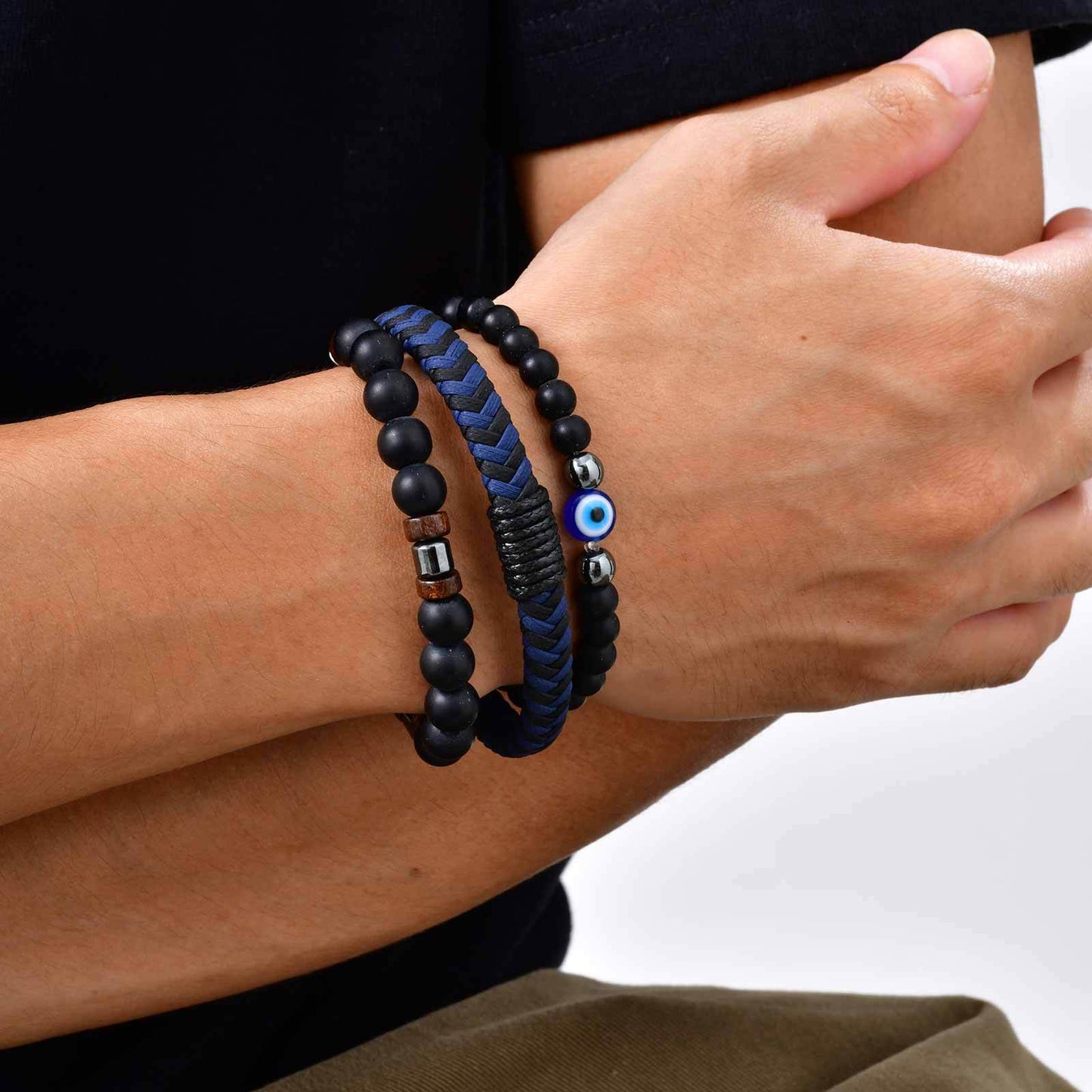 Planderful Devil Eye Black Agate Beaded PU Skin Bracelet Men