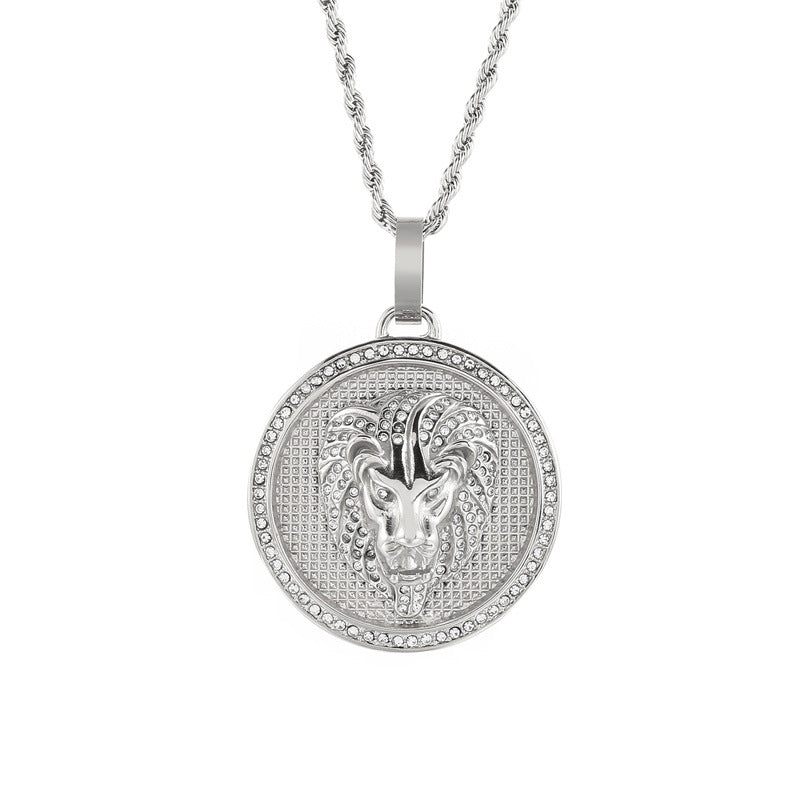 Rock Hip Hop Round Pendant, Retro Electroplated 18k Gold Slightly Inlaid Zircon Lion Necklace