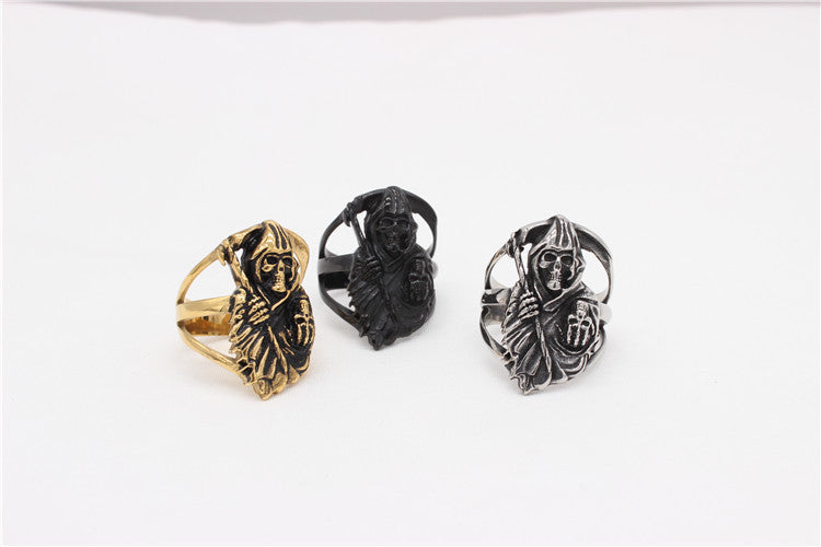 Planderful Titanium Skull Ring Unisex Retro Sickle Design Protection Statement For Gothic Lovers