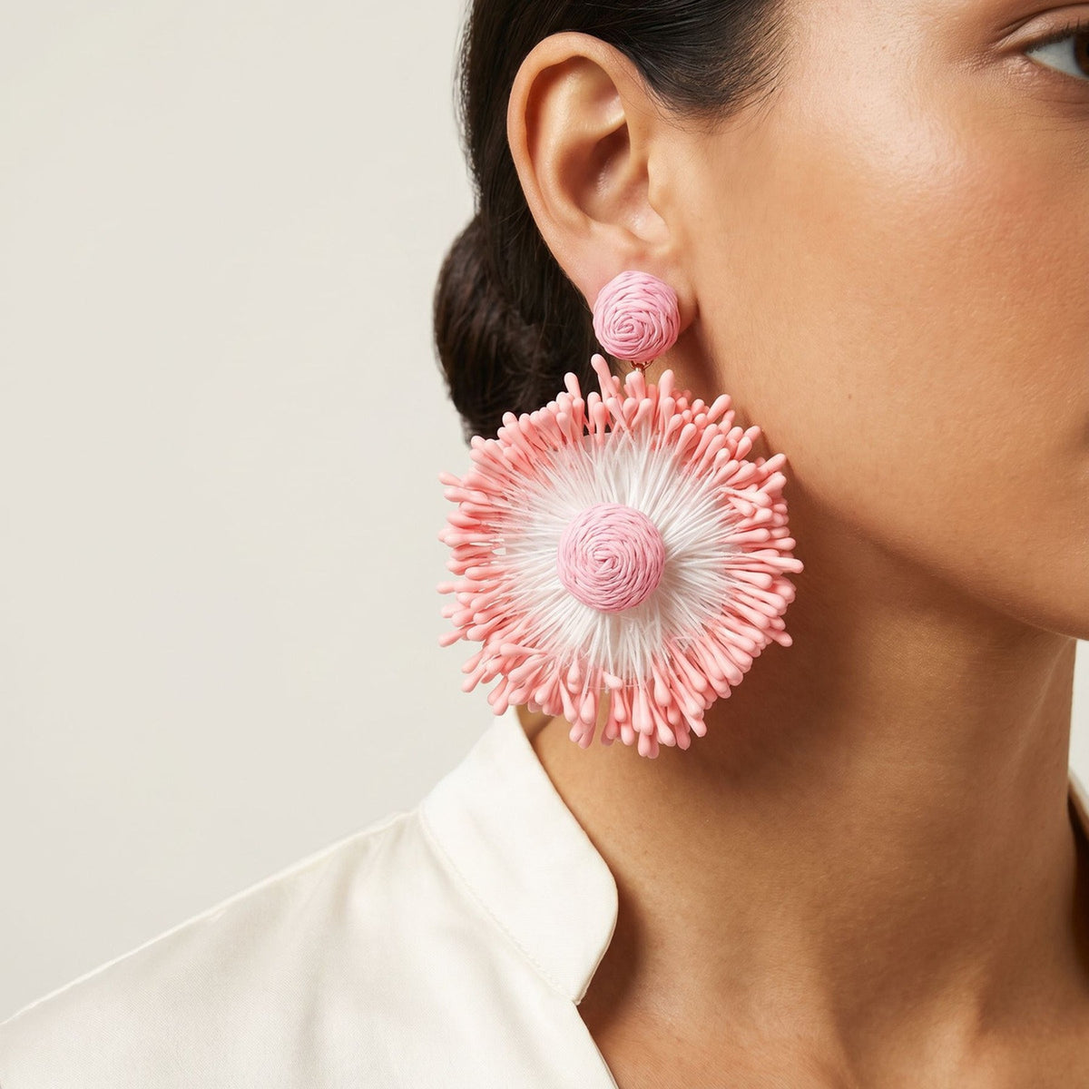 Coral Woven Sunburst Statement Earrings