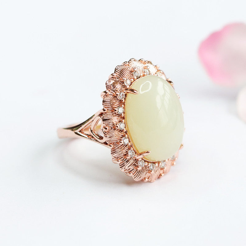 Zircon Rose Gold Ring with Natural Hotan Jade Edge and Petals