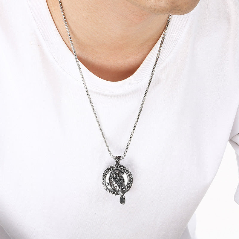 Viking Mythology World Tree Double Wolf Disc Pendant, Nordic Luhn Rune Crow Deer Necklace
