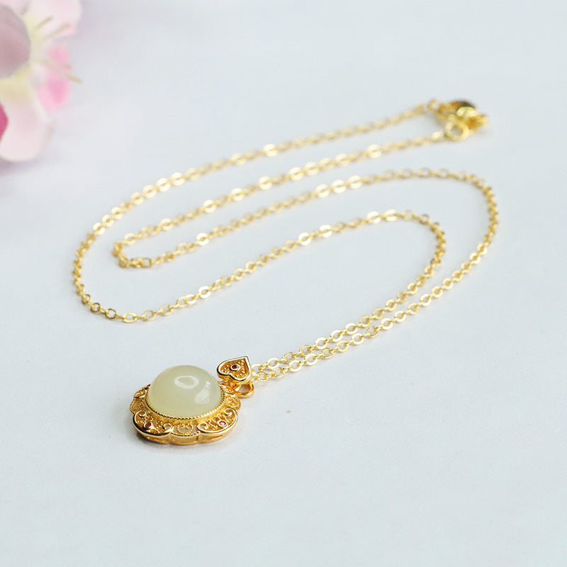 Round Hollow Edge Hetian Jade Necklace with Sterling Silver Chain