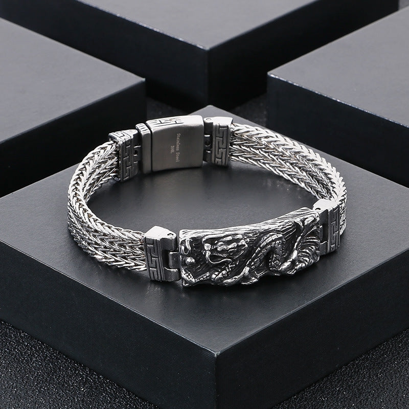 Vintage Dragon Bead Punk Bracelet - Stainless Steel Chain for Men