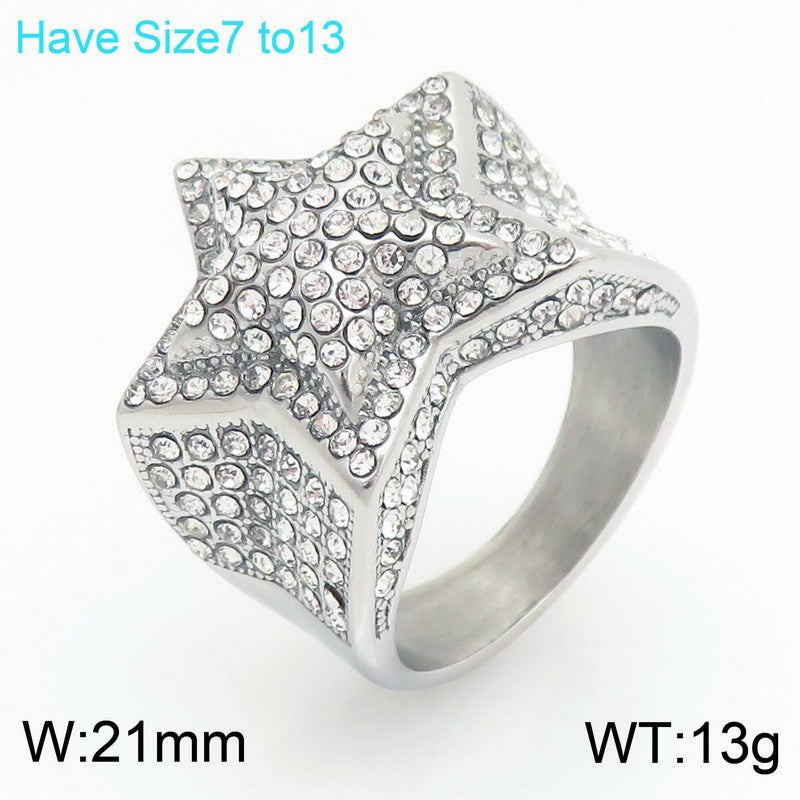 Luxury Zircon Star Ring, Hip-Hop Rock Full Of Zircon Three-Dimensional Five-Pointed Star Stainless