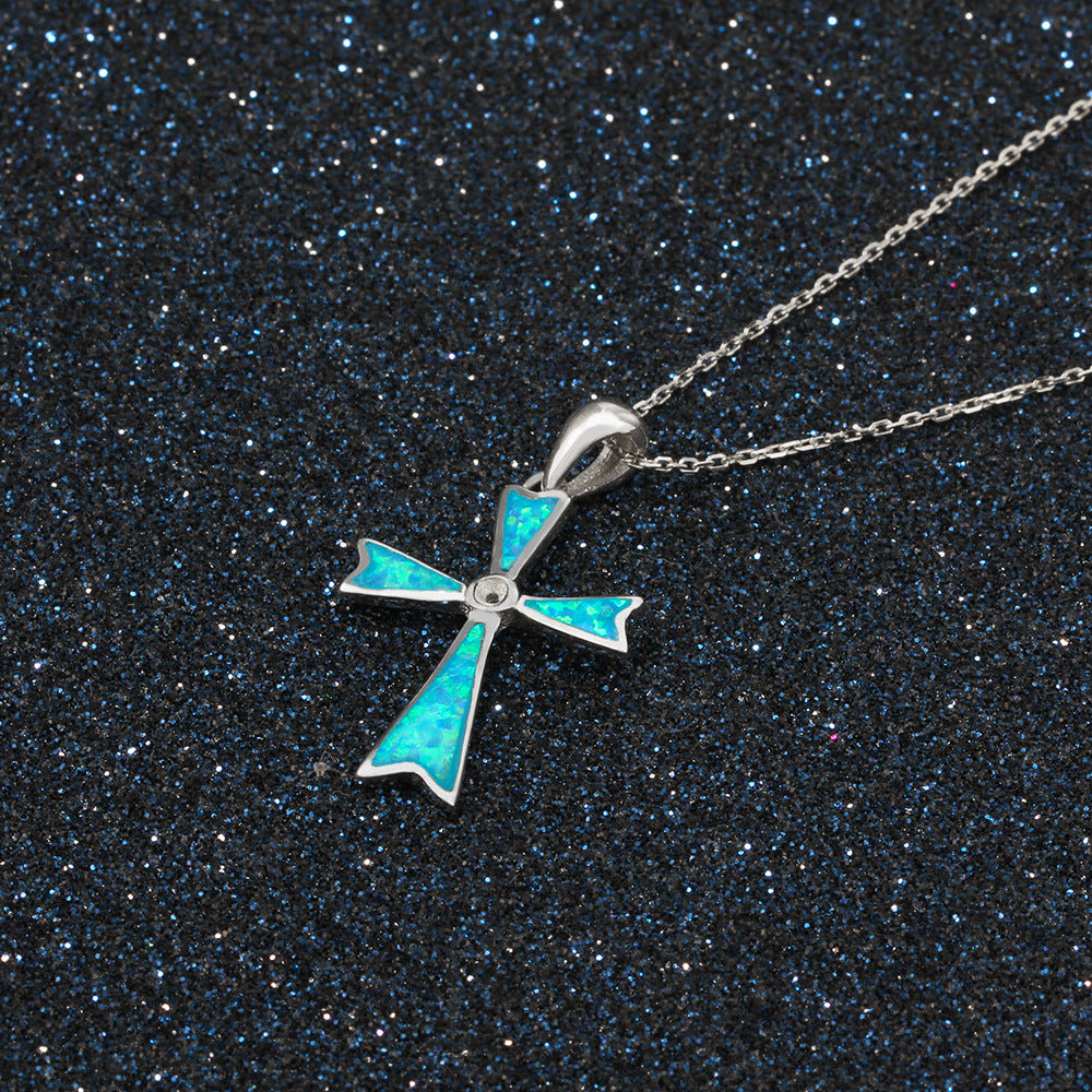 Planderful Jewelry Opal Cross Necklace Sterling Silver