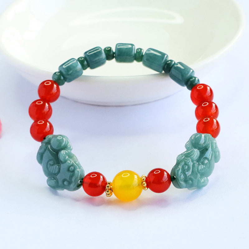 Blue Water Jadeite Pixiu & Agate Beaded Bracelet