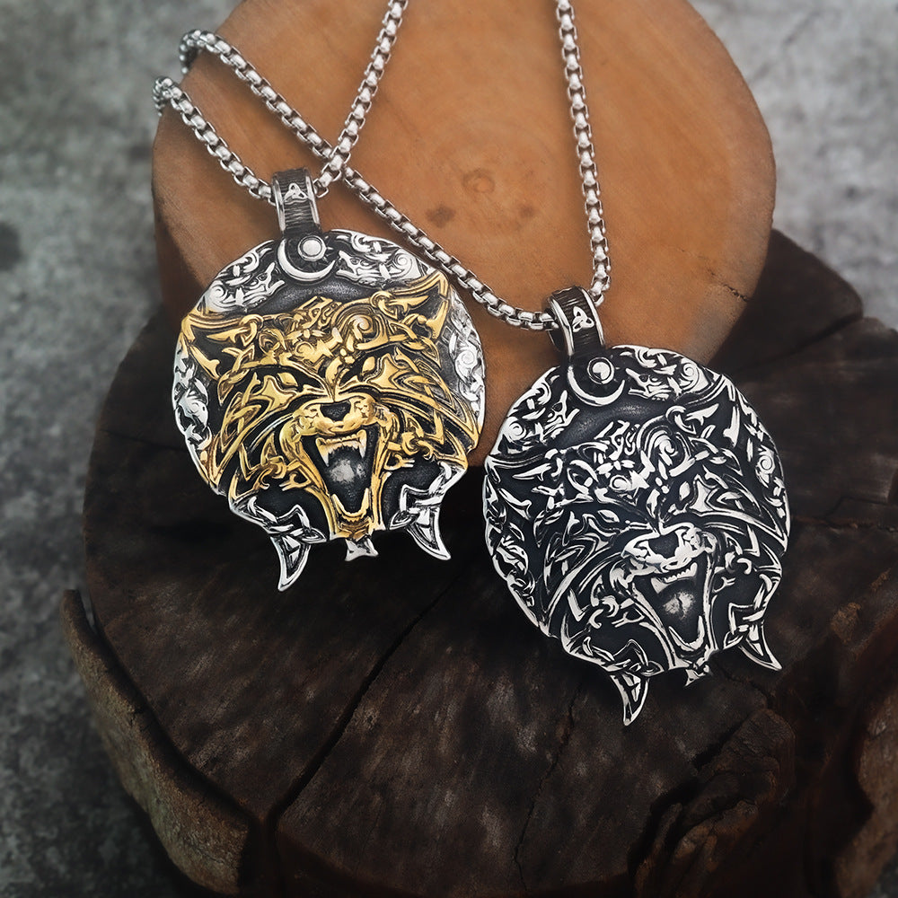 European and American Style Retro Two-Color Wolf Head Pendant